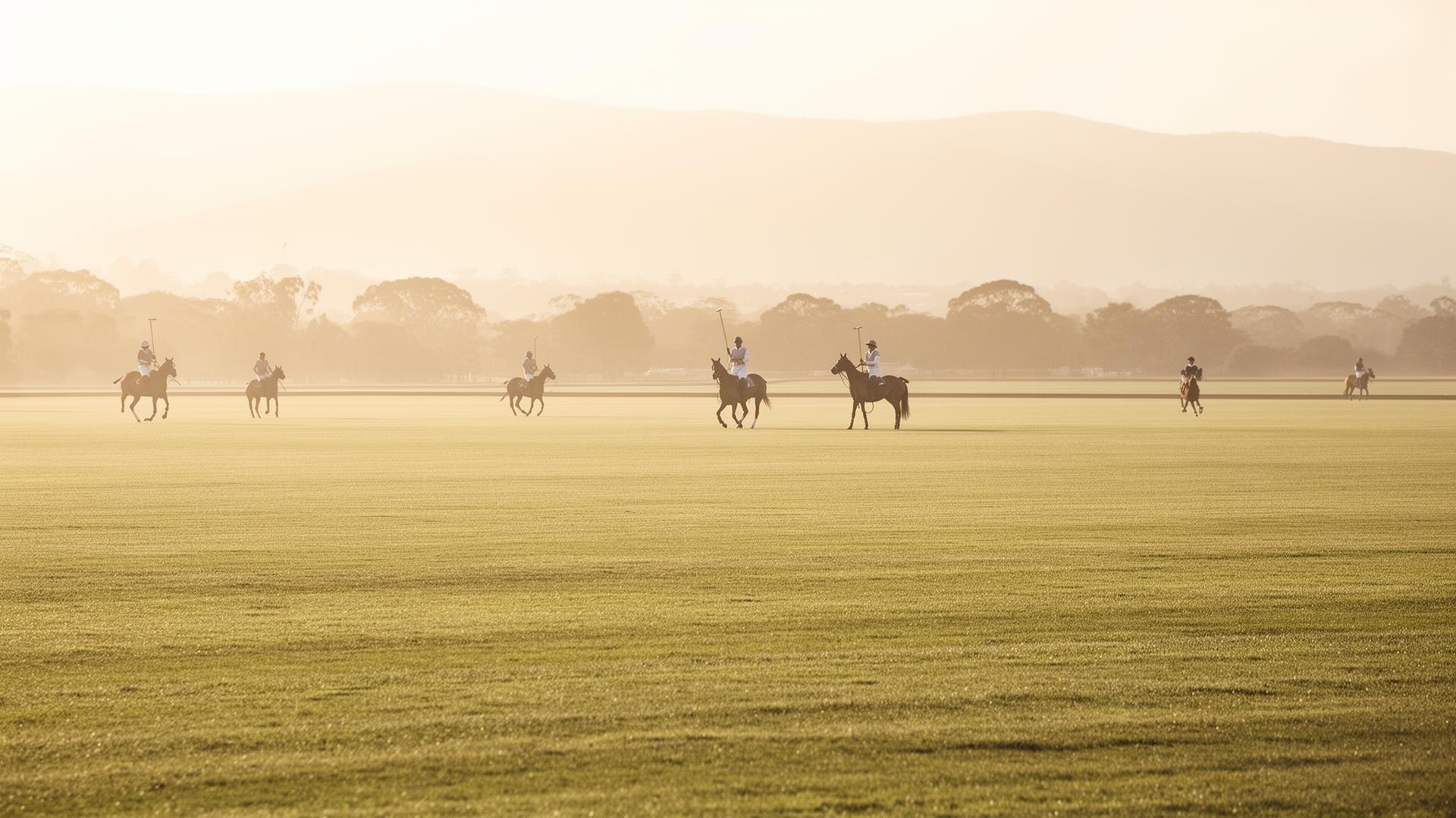 Polo players on a Wellington field at golden hour