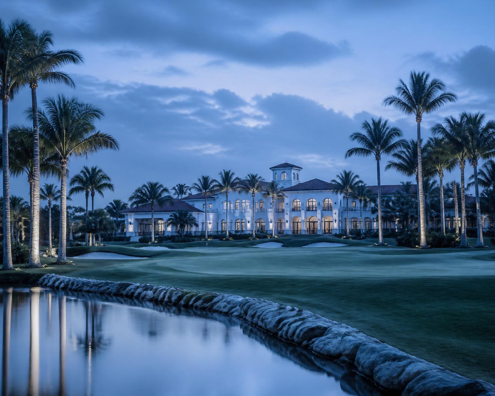 Private Jupiter country club clubhouse at blue hour