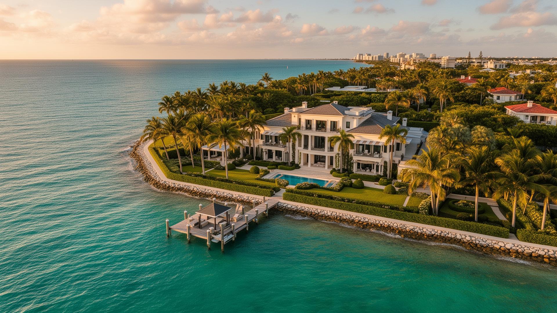 Luxury oceanfront estate in Palm Beach at golden hour