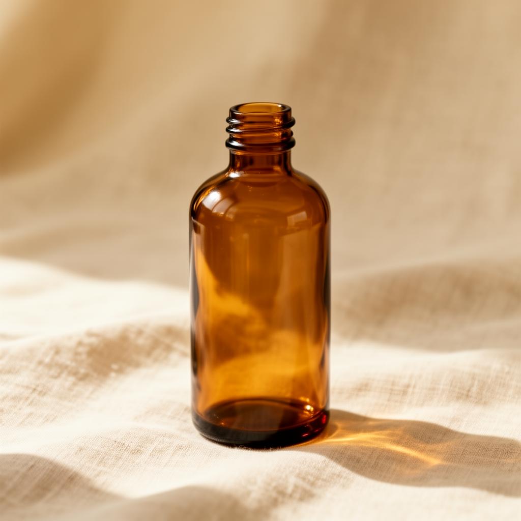 Amber glass wellness bottle on soft linen